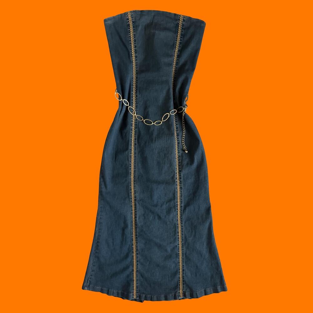 90's 00's vintage denim bodycon tube top y2k maxi dress MEDIUM juno